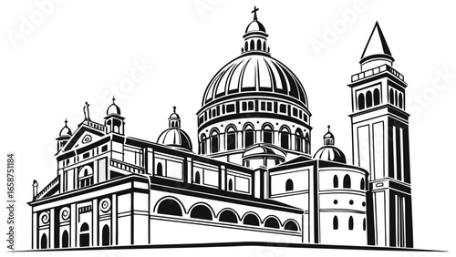 Stylized black and white illustration of a grand cathedral with domes and a tall bell tower