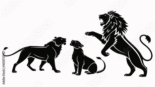 Three black lions in silhouette with one roaring and standing on hind legs