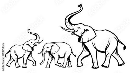 Three outline elephants walking together with trunks raised in celebration