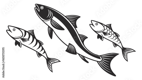 Three stylized black and white fish swimming in a school against a white background