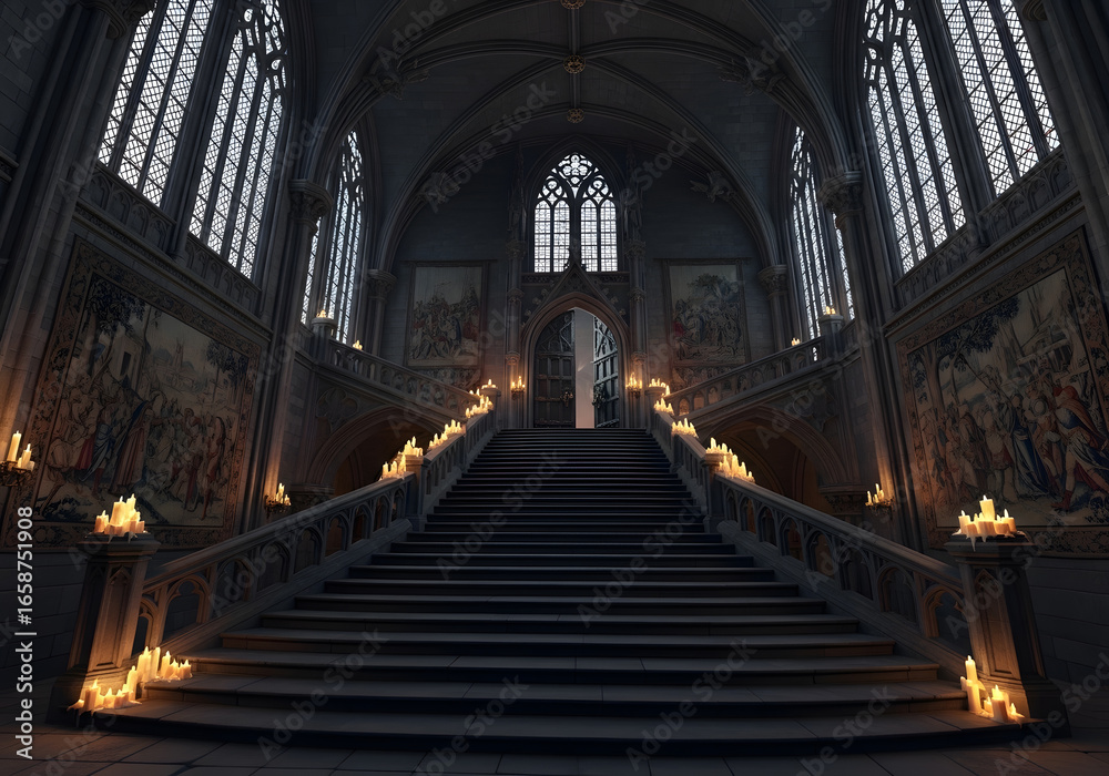 Fototapeta premium Dark Gothic Castle Interior with Grand Staircase and Candles