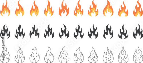 Fire flame icons set, burning fire symbols, orange flame vector, fire illustration collection, heat icons, flame graphics, fire design elements.