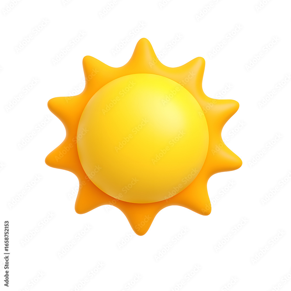 Bright 3D cartoon sun icon with smiling face and glowing yellow rays Bright 3D cartoon sun icon with smiling face and glowing yellow rays