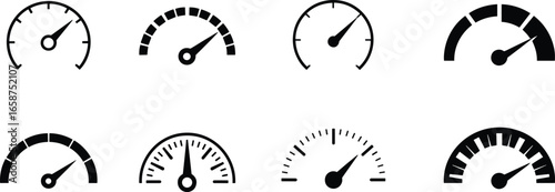 Speedometer icons set, vehicle dashboard meters, performance gauge, speed measurement, automotive instrument, car speed indicators, tachometer, speed dial, digital speed gauges.