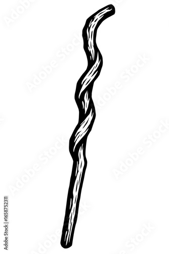 A black and white vector illustration of a tribal staff with a twisted and knotted design