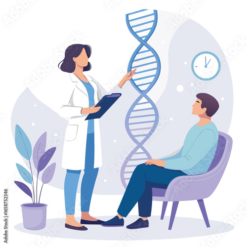 Informative vector design likely depicting genetic counseling concepts potentially including DNA strands family trees or consultation scenarios suitable for educational or medical contexts