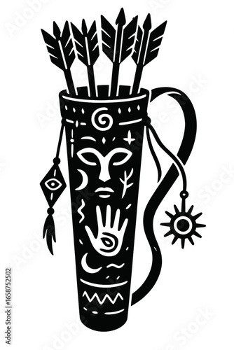 A black and white vector of a ceremonial quiver decorated with tribal and spiritual symbols
