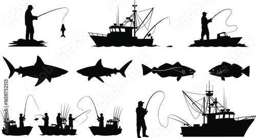 Fishing silhouette vector set, anglers, boats, sharks, fish, rods, black PNG clipart, outdoor activity, nature, sport, marine