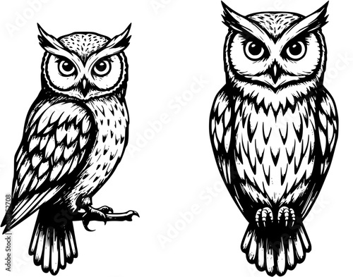 Detailed wise owl silhouette vector logo with striking eyes and sharp features symbolizing knowledge and observation
