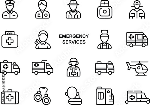 Emergency services icon set, ambulance, police, firefighter, nurse, first aid, rescue vehicle, hospital, healthcare, safety, paramedic symbols.