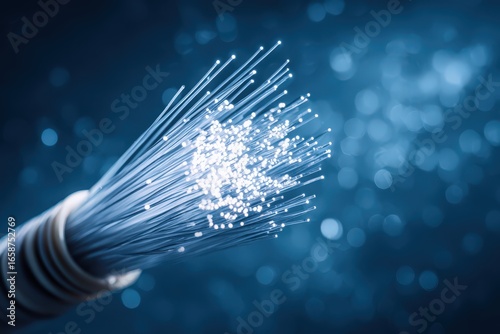 Fiber Optic Cable: A detailed and visually captivating image showcasing a bundle of luminous fiber optic cables, transmitting data with speed and precision against a backdrop of out-of-focus.