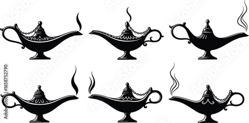Magic lamp silhouette set, Aladdin-style designs, smoke trails, chains, black vector PNG, fantasy clipart, mystical, genie, folklore