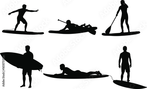 Water sports silhouette set, surfing, kayaking, paddleboarding, beach gear, black PNG clipart, summer activity, outdoor recreation, vector icons