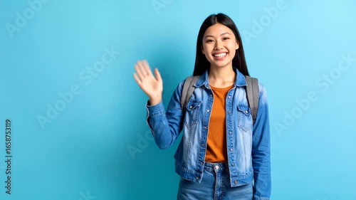 Smiling Asian Student Waving Hello on Blue Background