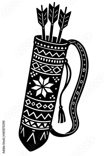 A black and white vector of a quiver with a geometric and tribal design