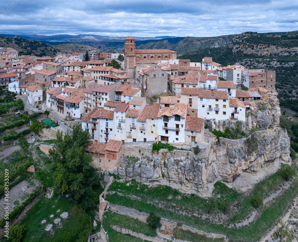 Fototapeta premium Aerial view from a drone of the village of Villarluengo in the Maestrazgo region. Teruel Province. Aragon. Spain. Europe.