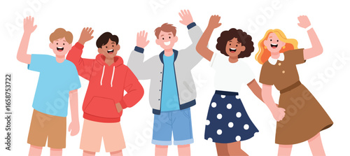 Happy Diverse Group of Friends Waving Hello Cartoon Illustration