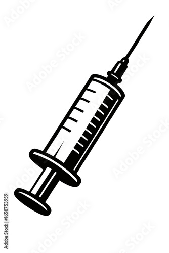A bold vector illustration of a medical syringe with a needle. A classic graphic element for themes of healthcare, vaccination, science, and medicine.