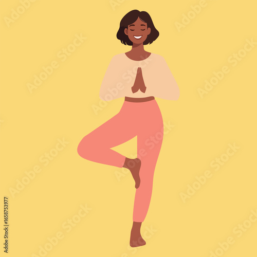 Happy Black Woman Practicing Tree Pose Yoga Illustration