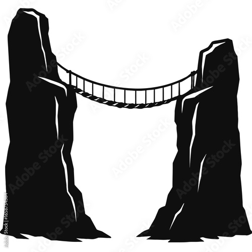 A bold vector silhouette of a rope bridge spanning two mountain cliffs. A powerful visual for themes of adventure, challenge, travel, and courage.