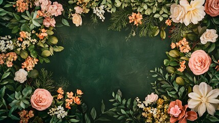 Floral frame with empty space. The arrangement features a variety of flowers and leaves, creating a lush, colorful border.