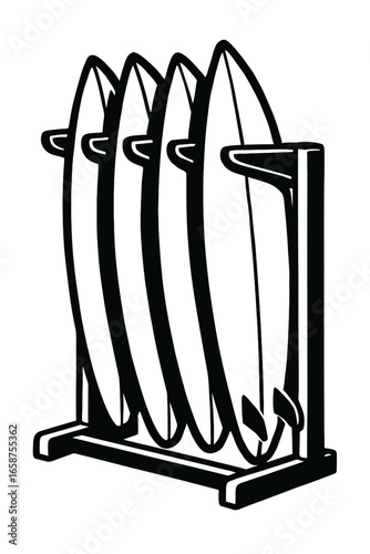 A clean vector illustration of a surfboard rack with multiple boards, a great visual for surfing, beach life, and water sports. Ideal for designs related to hobbies and leisure.