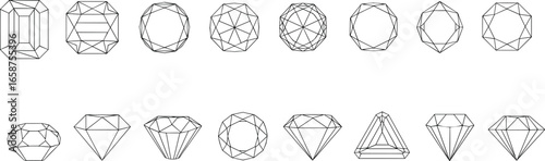 Gem cut icons, diamond shapes, crystal outlines, gemstone symbols, faceted stones, jewel vectors, mineral cuts, luxury design, precious stone graphics