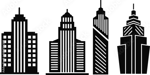 Set of modern skyscraper silhouettes, unique architecture icons, high‑rise building designs, urban skyline graphics, cityscape illustration pack, vector architectural collection