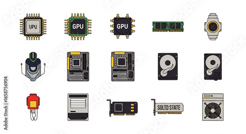 A colorful icon set of computer hardware components including CPU GPU RAM and motherboard in a handdrawn cartoon style.