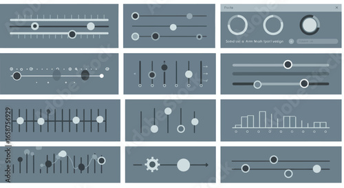 Grey User Interface Elements: Sliders, Dials, and Controls for Audio or Software Applications