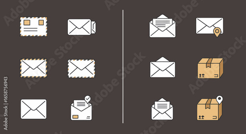 Colorful line art icon set for postal services, mail, and parcel delivery, featuring envelopes and boxes.