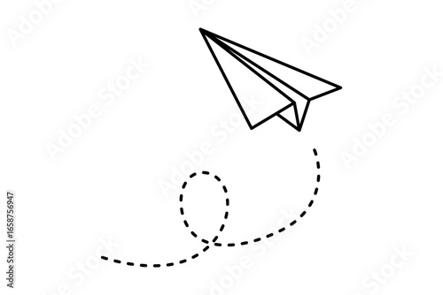 Paper airplane with swirling dashed loop. Minimalist vector of playful airborne motion and movement
