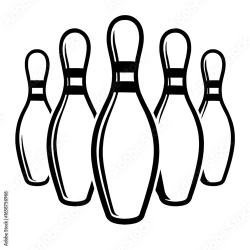 A simple vector illustration of five bowling pins in a classic triangular formation. A perfect graphic for designs related to bowling, games, and leisure activities.