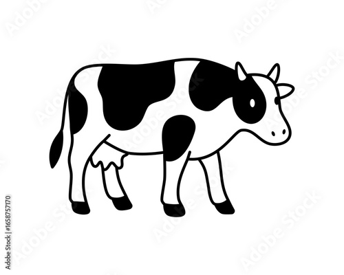 Minimal standing cow with rounded body and udder. Modern flat black and white vector art for dairy, farm, and eco-friendly branding