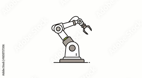 A stylized industrial robotic arm with multiple joints and a mechanical gripper claw.