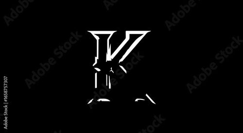 A stylized white capital letter K with a shattered fragmented and deconstructed design featuring sharp angular lines.