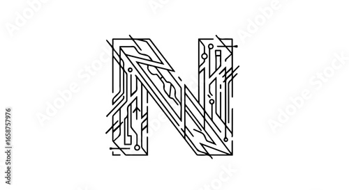 Black and white letter N monogram with a futuristic hightech circuit board line art pattern.