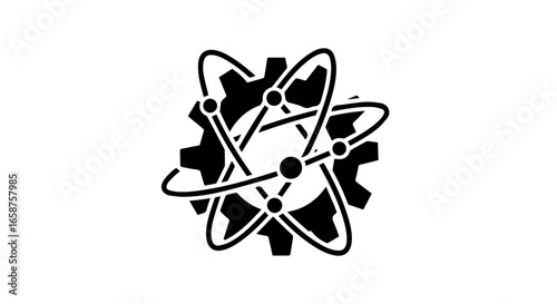 Black and white icon combining an atomic symbol with orbiting electrons and an industrial gear wheel.