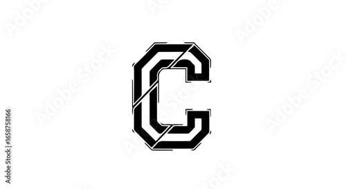 Black geometric letter C with a futuristic segmented and angular design A modern hightech initial C logo concept.