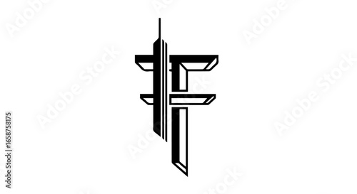 Black geometric symbol with a chiseled 3D effect sharp angles and a pointed vertical shaft.