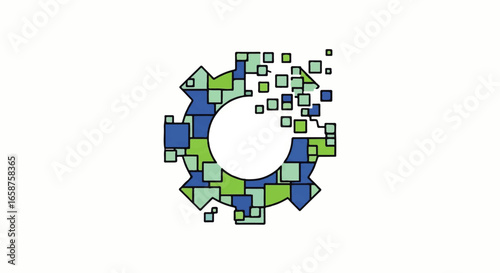 Blue and green pixelated gear cogwheel icon disintegrating into square mosaic particles.