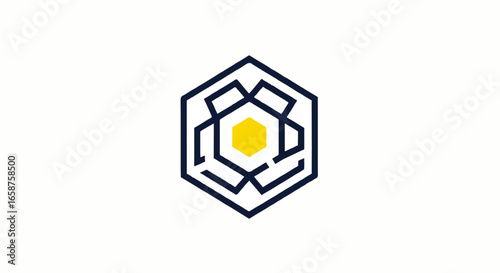 Blue Hexagonal Labyrinth Logo with a Bright Yellow Hexagonal Core