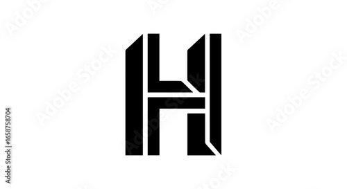 Bold black architectural letter H icon with a futuristic chiseled design and 3D effect.
