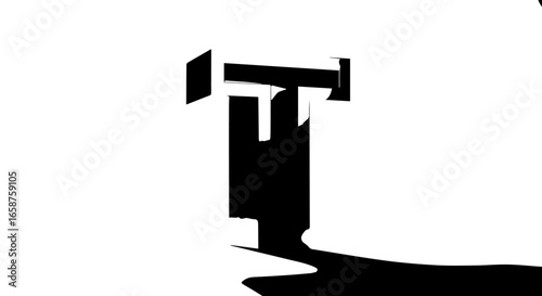 Bold black threedimensional capital letter T casting a long dramatic shadow in a highcontrast graphic style.