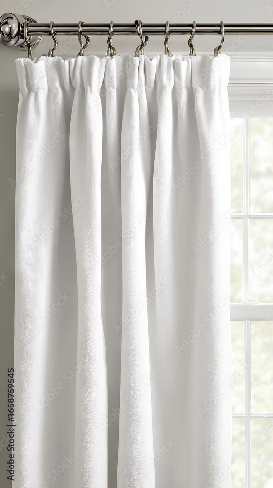 Fototapeta premium Elegant white curtains hanging from a silver curtain rod, softly draping beside a window, allowing natural light to filter into the room, enhancing the serene atmosphere of the interior space