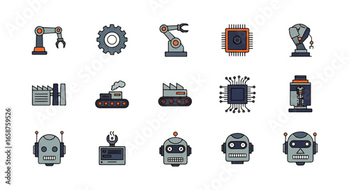Colorful flat design icon set for robotics and industrial automation featuring robot arms gears microchips and factory elements.