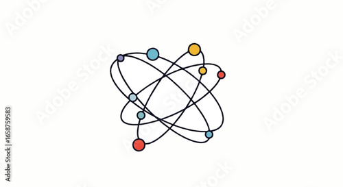 Colorful handdrawn atomic model icon with intersecting orbits and multicolored particles.