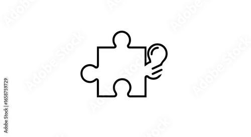 Creative solution concept icon with a puzzle piece and an integrated lightbulb rendered in a minimalist black outline style.