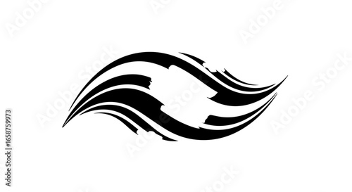 Dynamic black abstract swoosh with flowing curved lines and rough brush stroke texture.