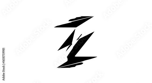 Dynamic black abstract symbol with sharp fragmented lines resembling a stylized letter Z.
